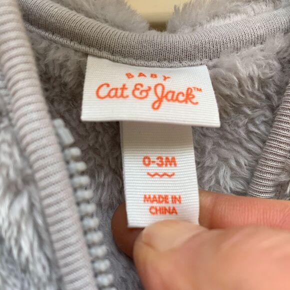 Cat & Jack grey fuzzy hooded with ears jacket, full zipper, adorable, 0-3 mon. - Picture 6 of 8